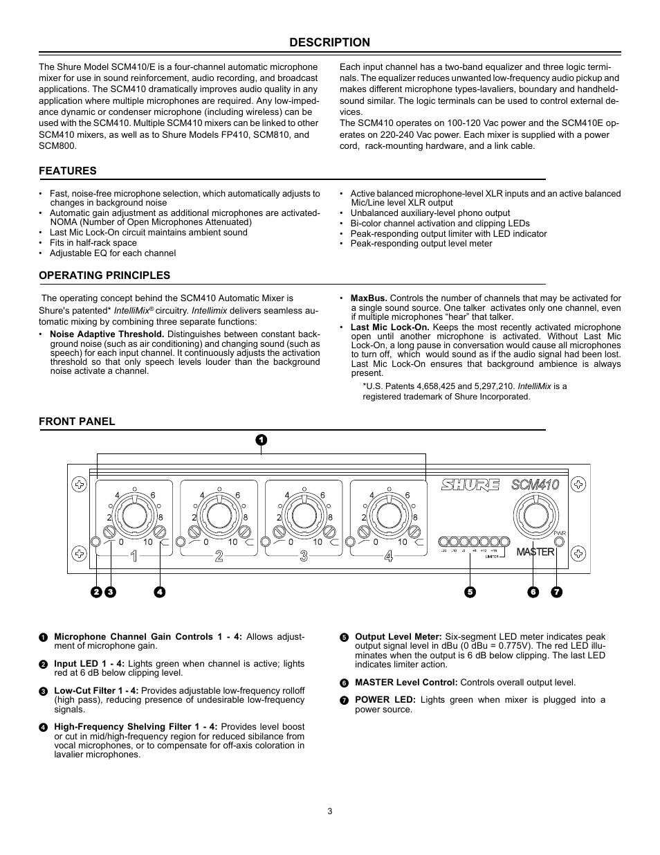 Description | Shure Four Channel Automatic Microphone SCM410 User Manual | Page 3 / 17