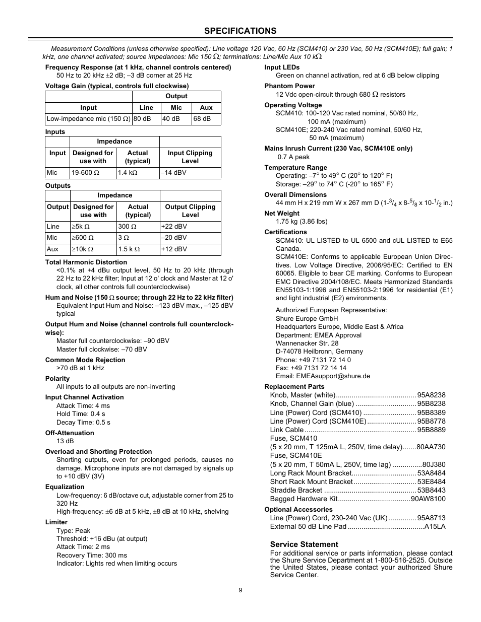 Specifications | Shure Four Channel Automatic Microphone SCM410 User Manual | Page 9 / 17