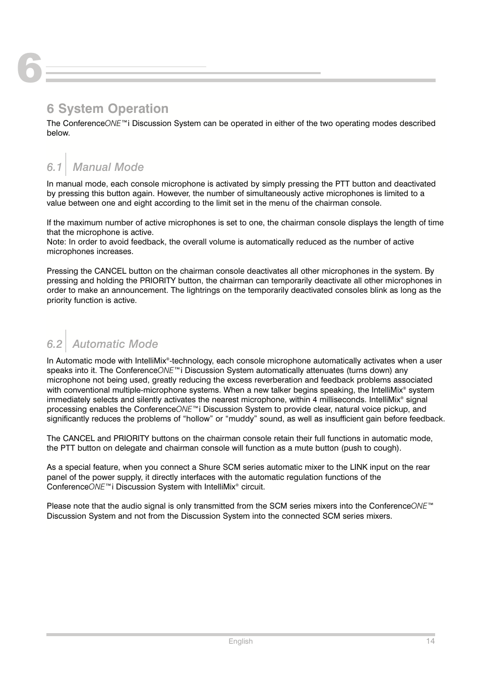 6 system operation, 1 manual mode, 2 automatic mode | Shure Conference Phone User Manual | Page 15 / 25