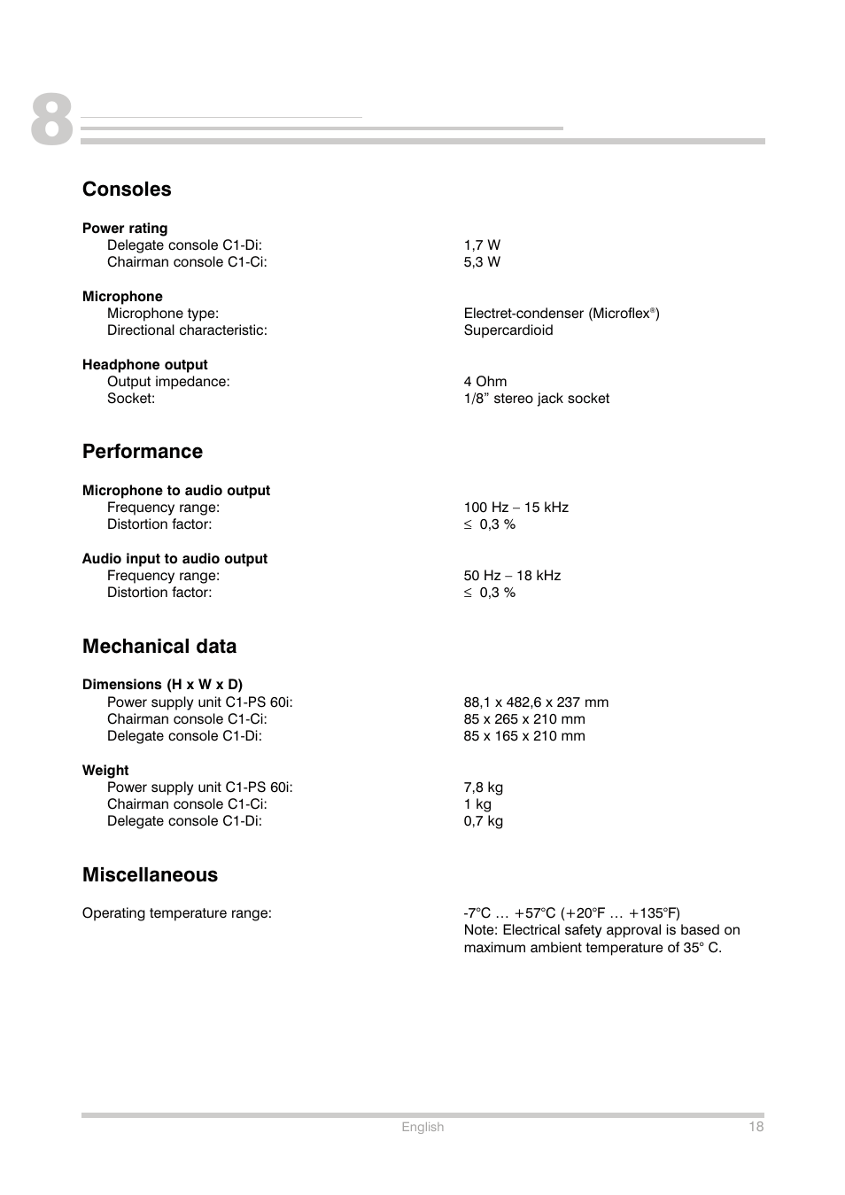 Consoles, Performance, Mechanical data | Miscellaneous | Shure Conference Phone User Manual | Page 19 / 25