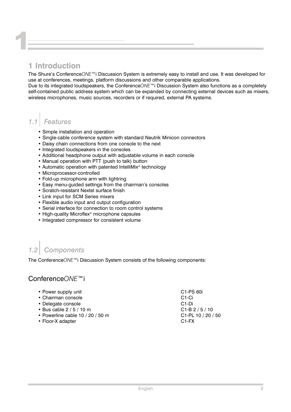 1 introduction, 1 features, 2 components | Conference one ™i | Shure Conference Phone User Manual | Page 3 / 25