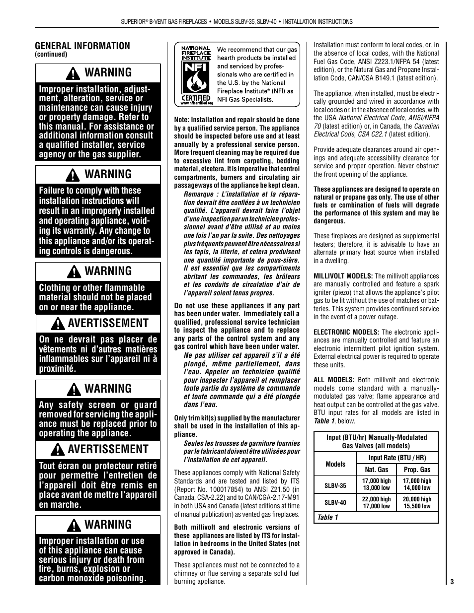 Warning, Avertissement | Superior SLBV-40PM User Manual | Page 3 / 28