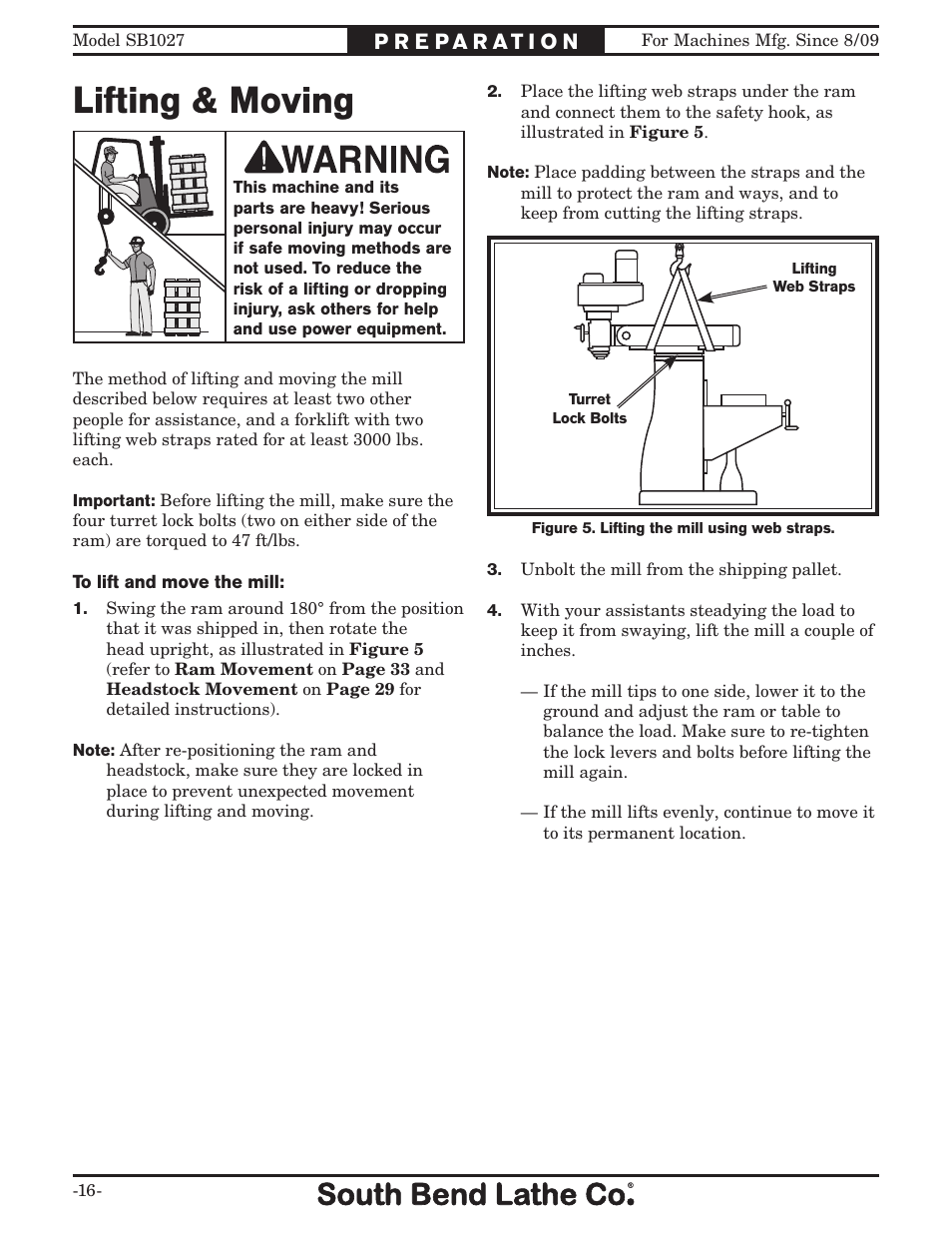 Lifting & moving | Southbend South Bend SB1027 User Manual | Page 18 / 84