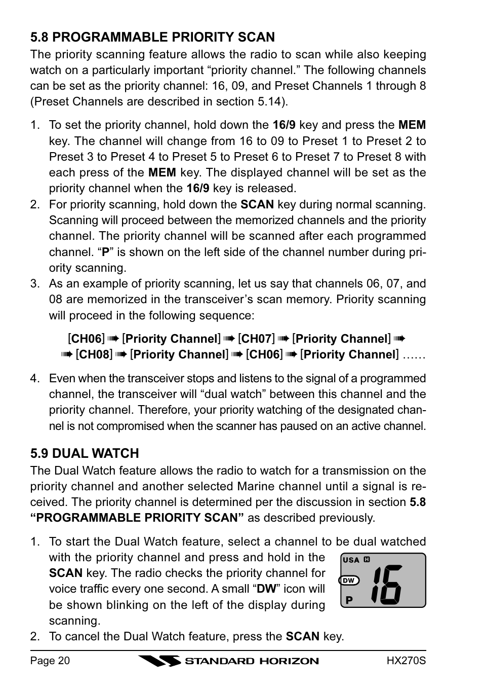 8 programmable priority scan, 9 dual watch | Standard Horizon HX270S User Manual | Page 22 / 44