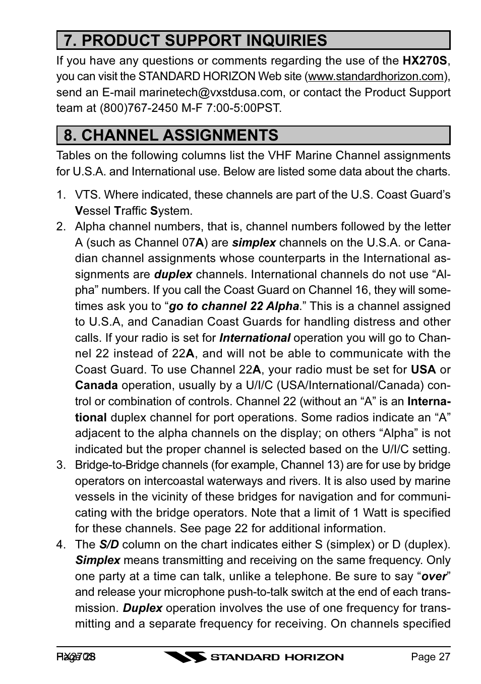 Product support inquiries, Channel assignments | Standard Horizon HX270S User Manual | Page 29 / 44