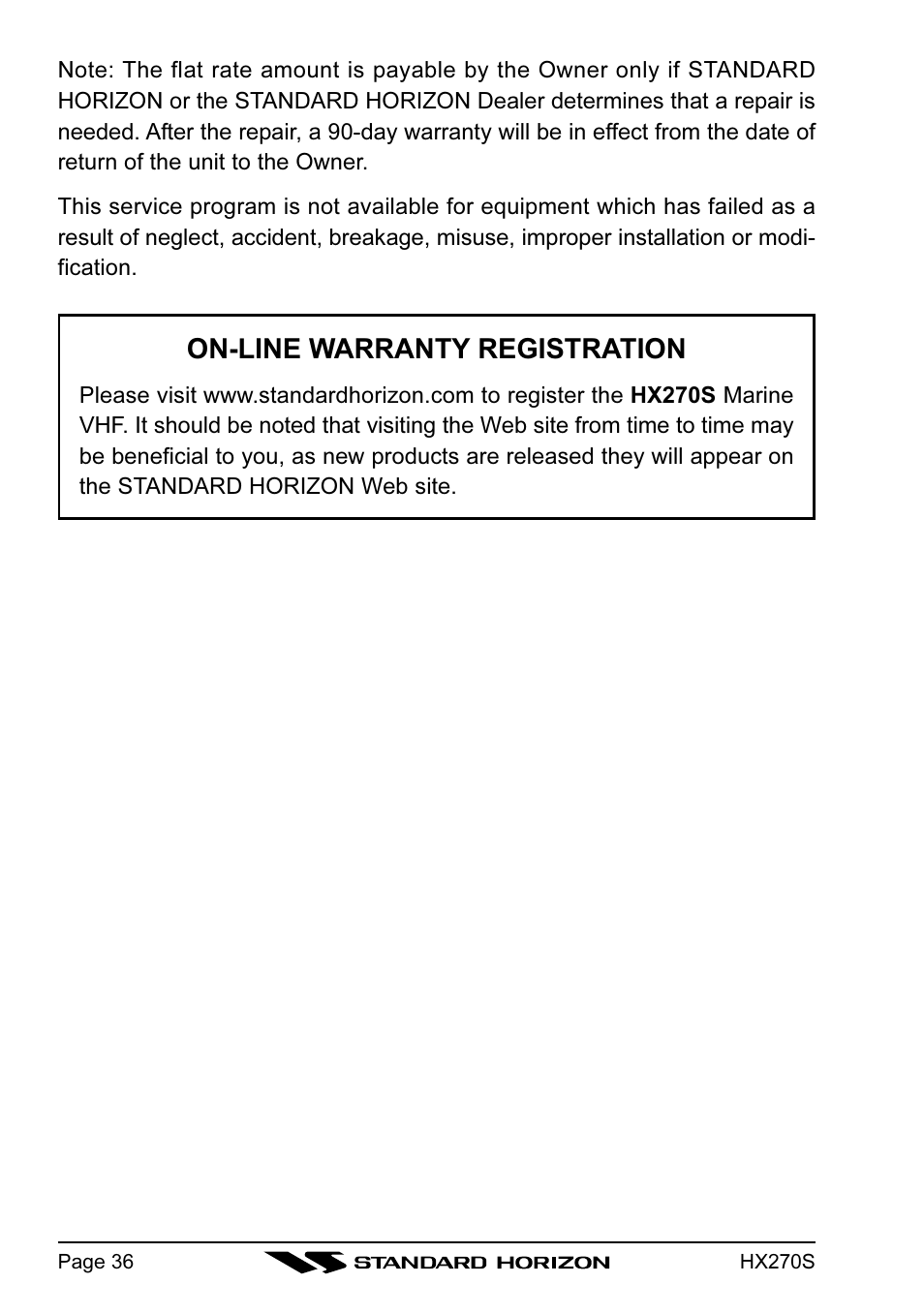 On-line warranty registration | Standard Horizon HX270S User Manual | Page 38 / 44