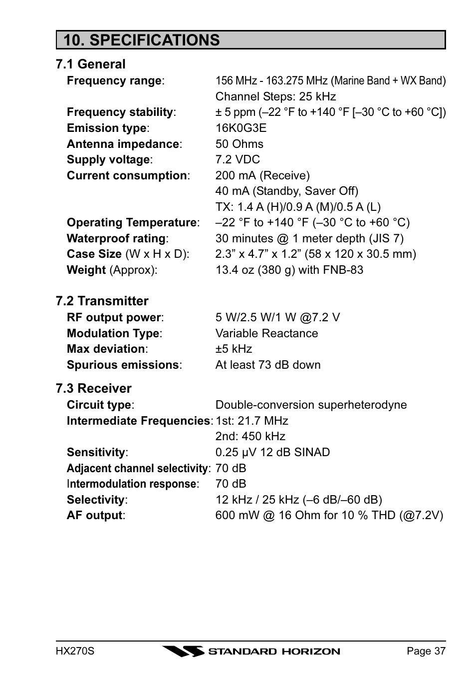 Specifications | Standard Horizon HX270S User Manual | Page 39 / 44