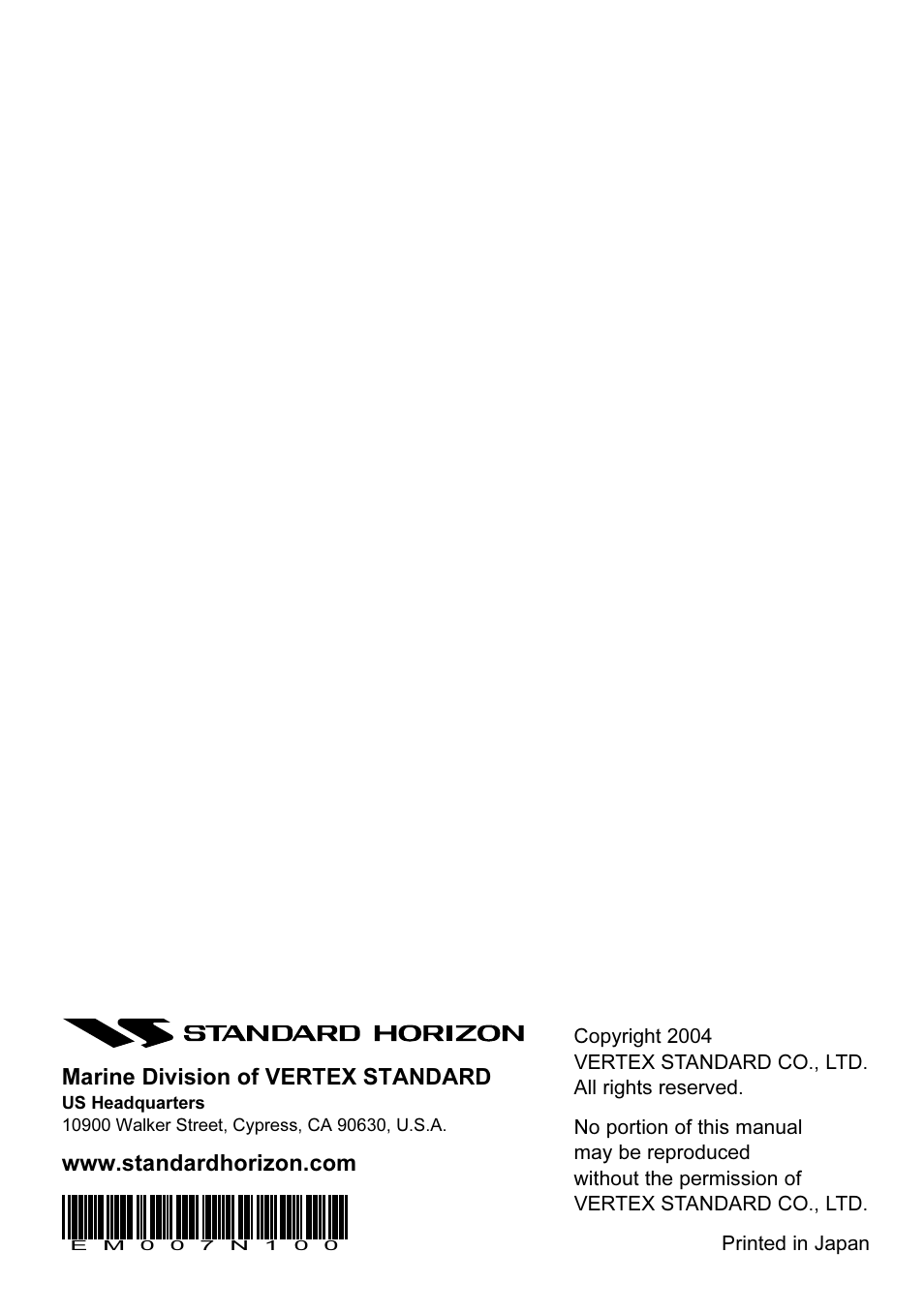 Standard Horizon HX270S User Manual | Page 44 / 44