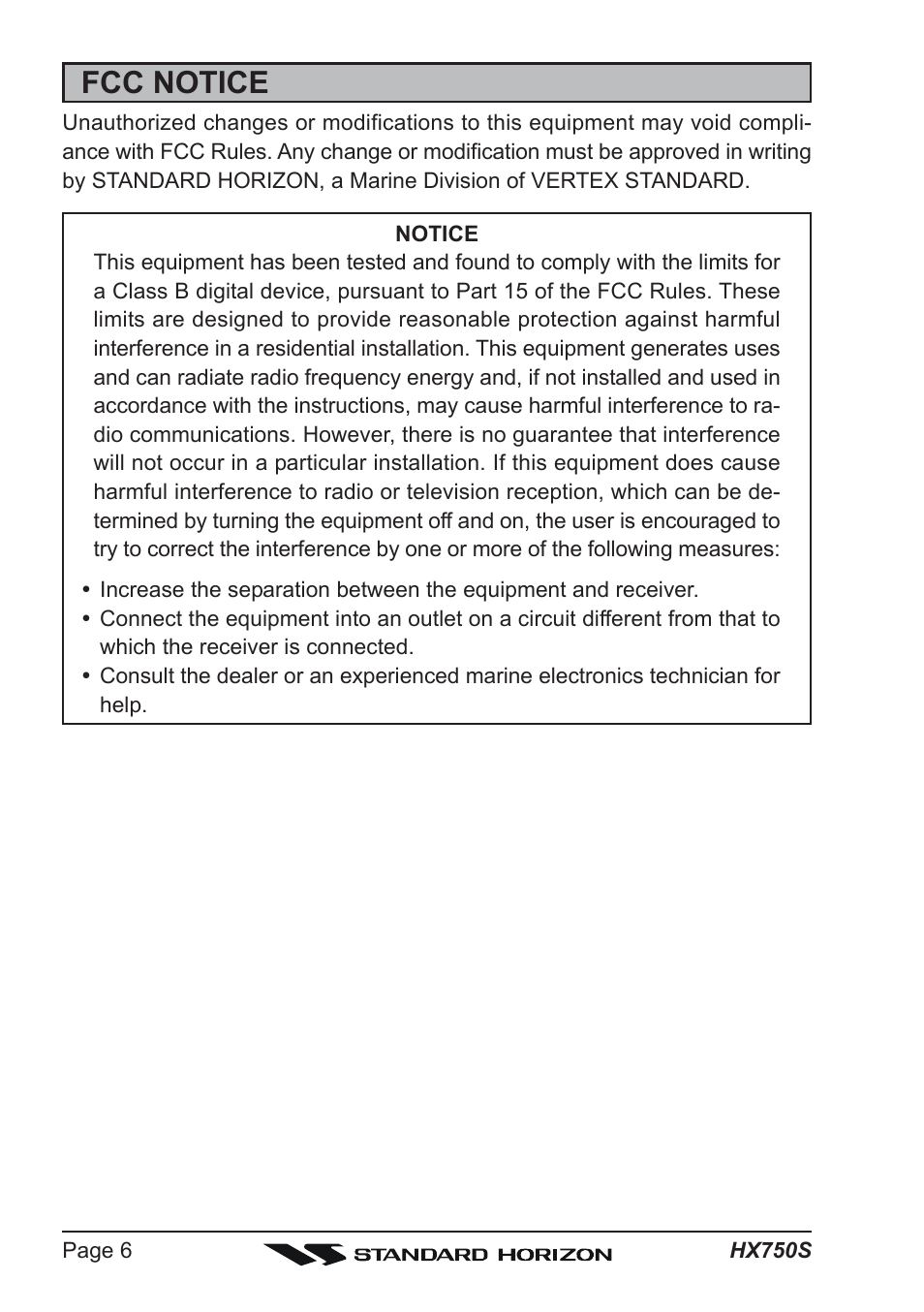 Fcc notice | Standard Horizon Hx750s User Manual | Page 6 / 52