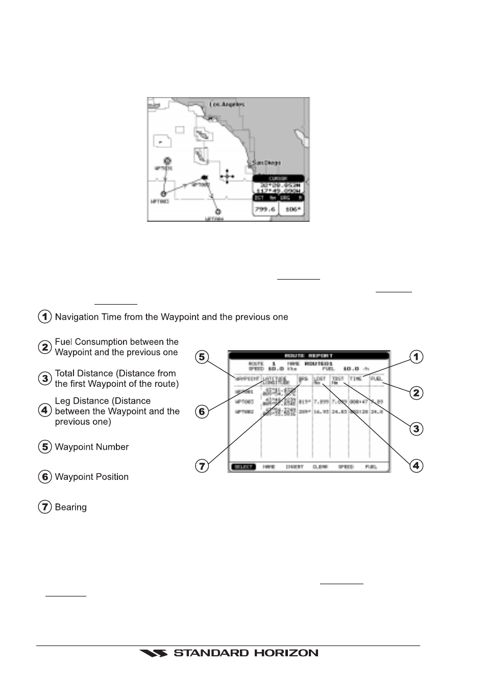 5 route report page (information on a route) | Standard Horizon CP150C User Manual | Page 34 / 72