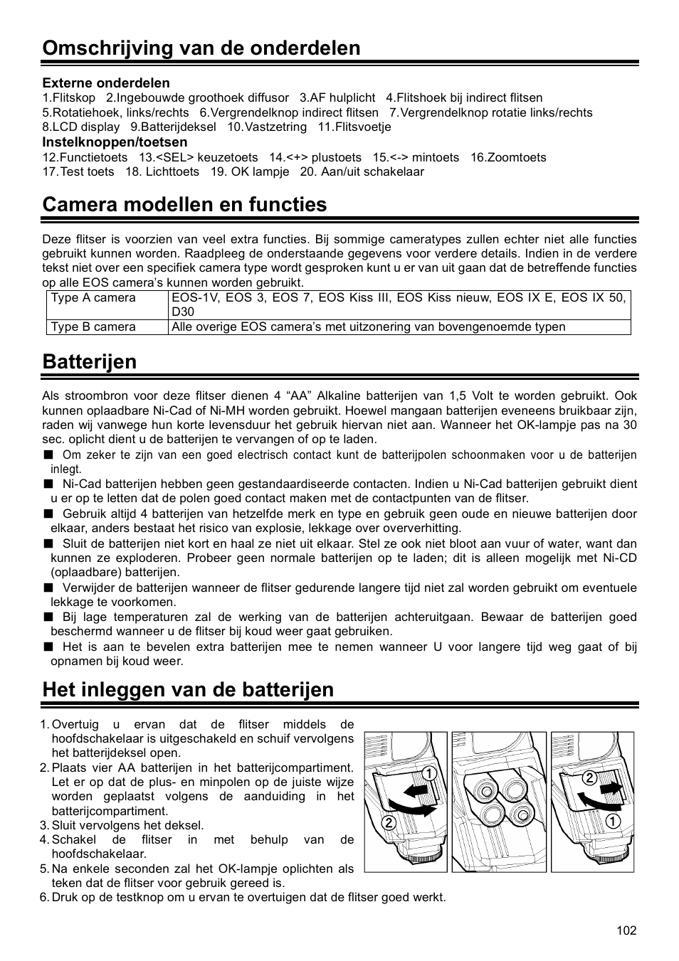 Omschrijving van de onderdelen, Camera modellen en functies, Batterijen | Het inleggen van de batterijen | SIGMA EF-500 User Manual | Page 102 / 114