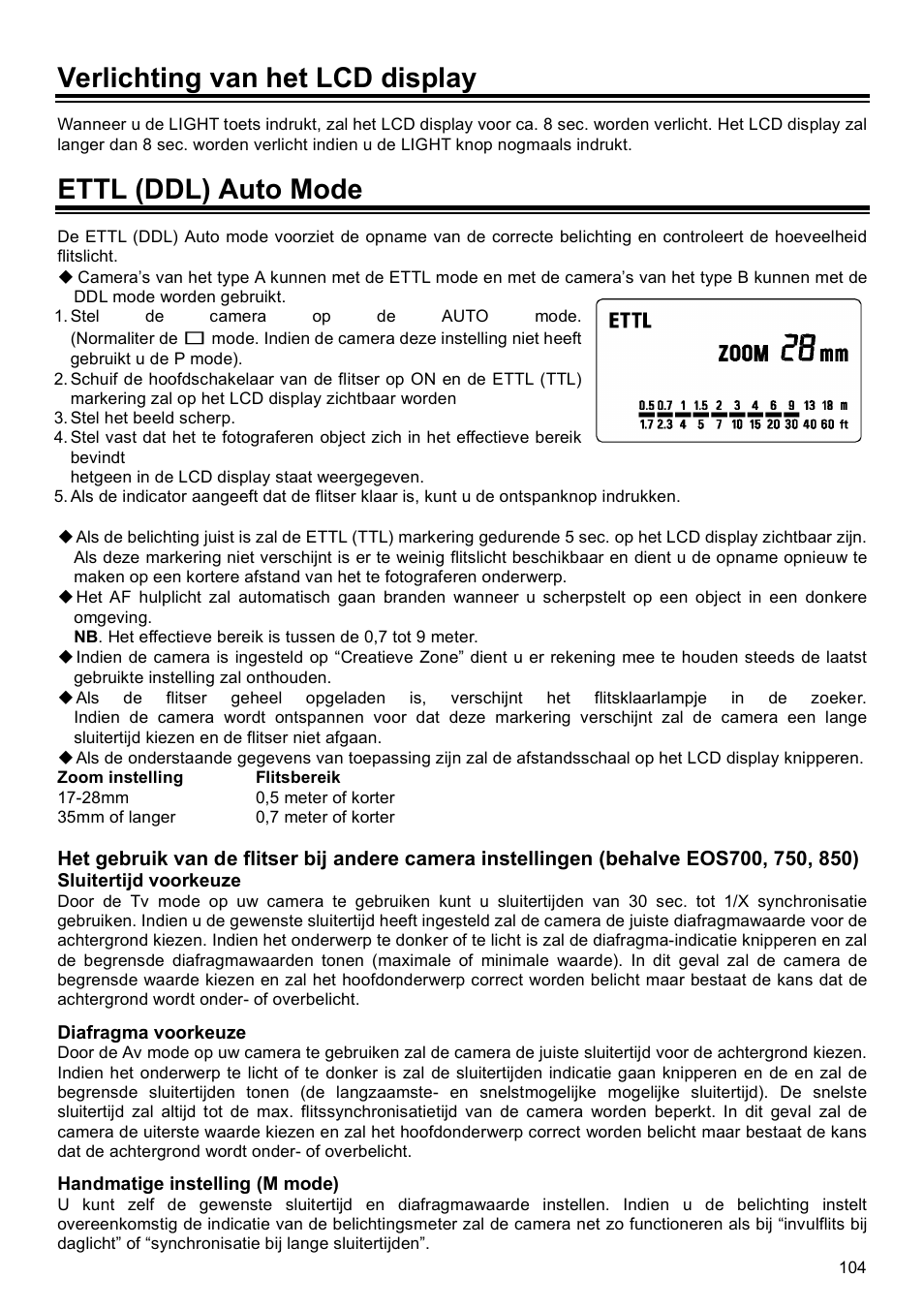 Verlichting van het lcd display, Ettl (ddl) auto mode | SIGMA EF-500 User Manual | Page 104 / 114