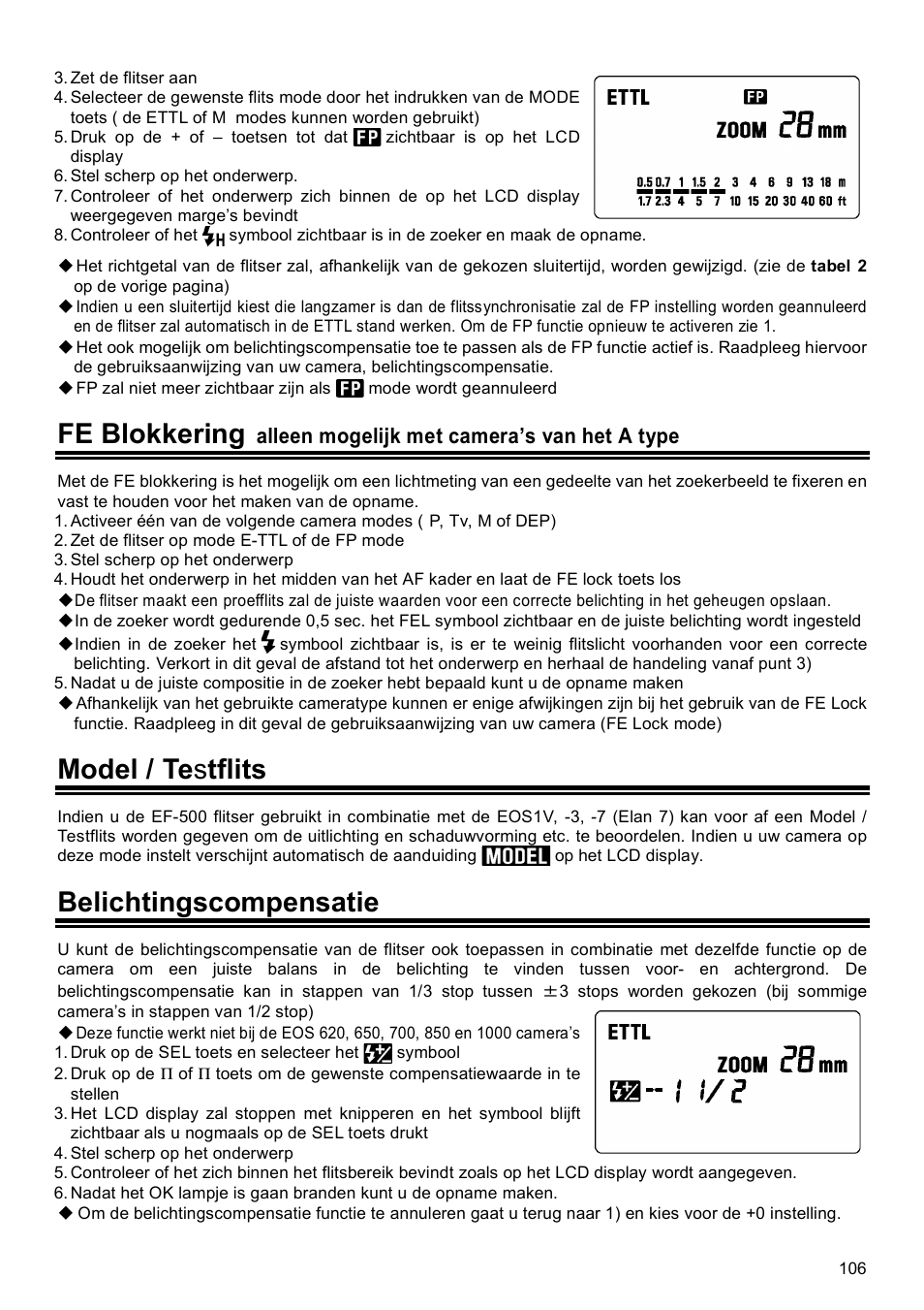 Fe blokkering, Model / te s tflits, Belichtingscompensatie | Alleen mogelijk met camera’s van het a type | SIGMA EF-500 User Manual | Page 106 / 114