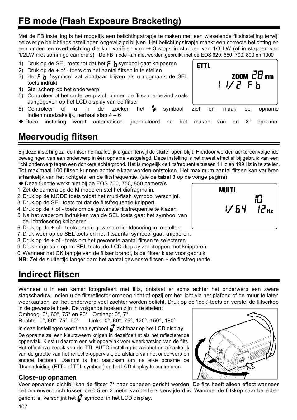 Fb mode (flash exposure bracketing), Meervoudig flitsen, Indirect flitsen | SIGMA EF-500 User Manual | Page 107 / 114