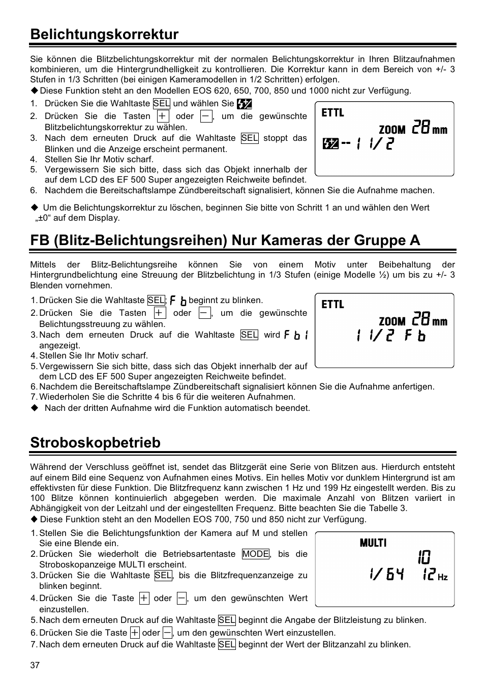Belichtungskorrektur, Stroboskopbetrieb | SIGMA EF-500 User Manual | Page 37 / 114