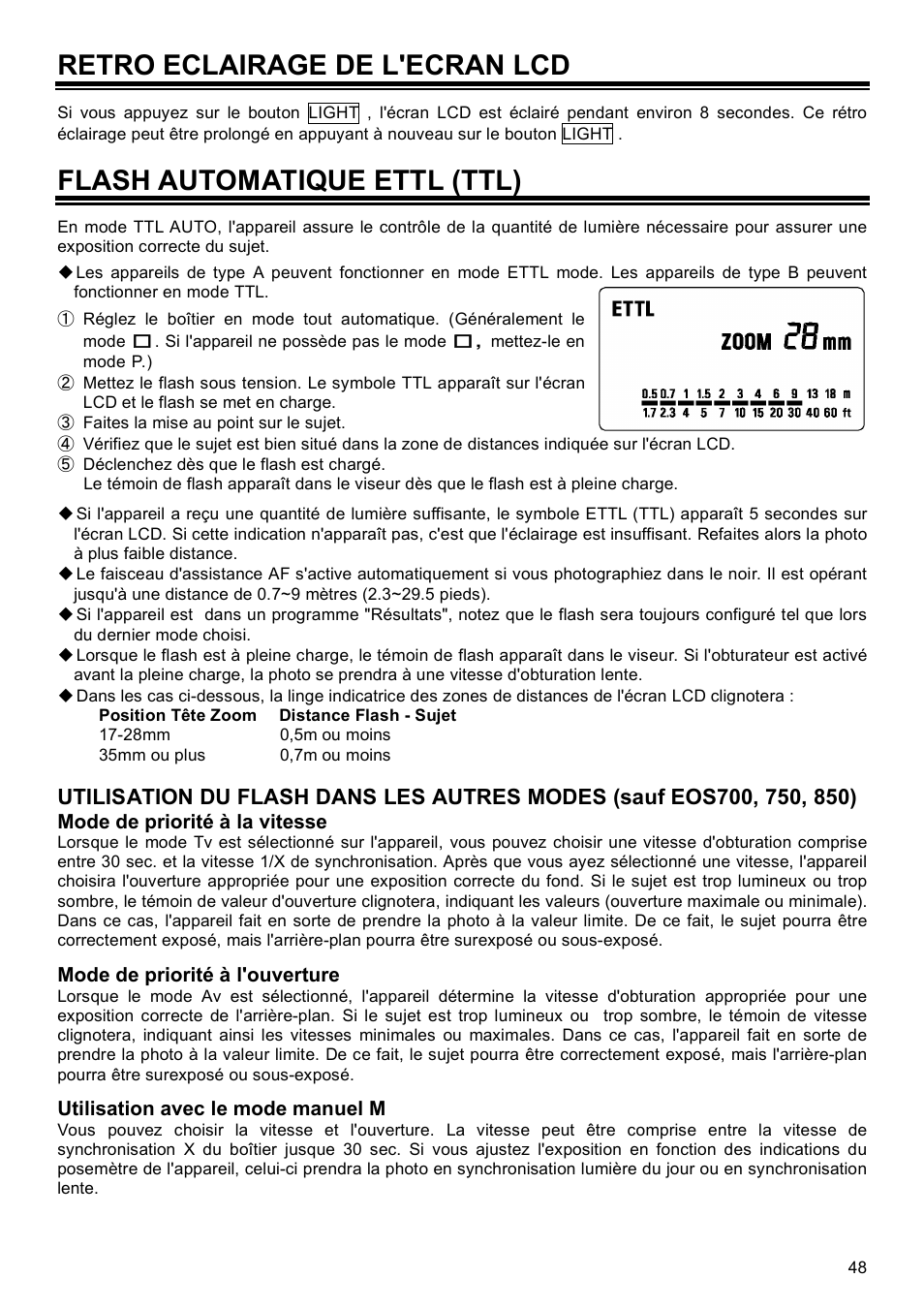Retro eclairage de l'ecran lcd, Flash automatique ettl (ttl) | SIGMA EF-500 User Manual | Page 48 / 114