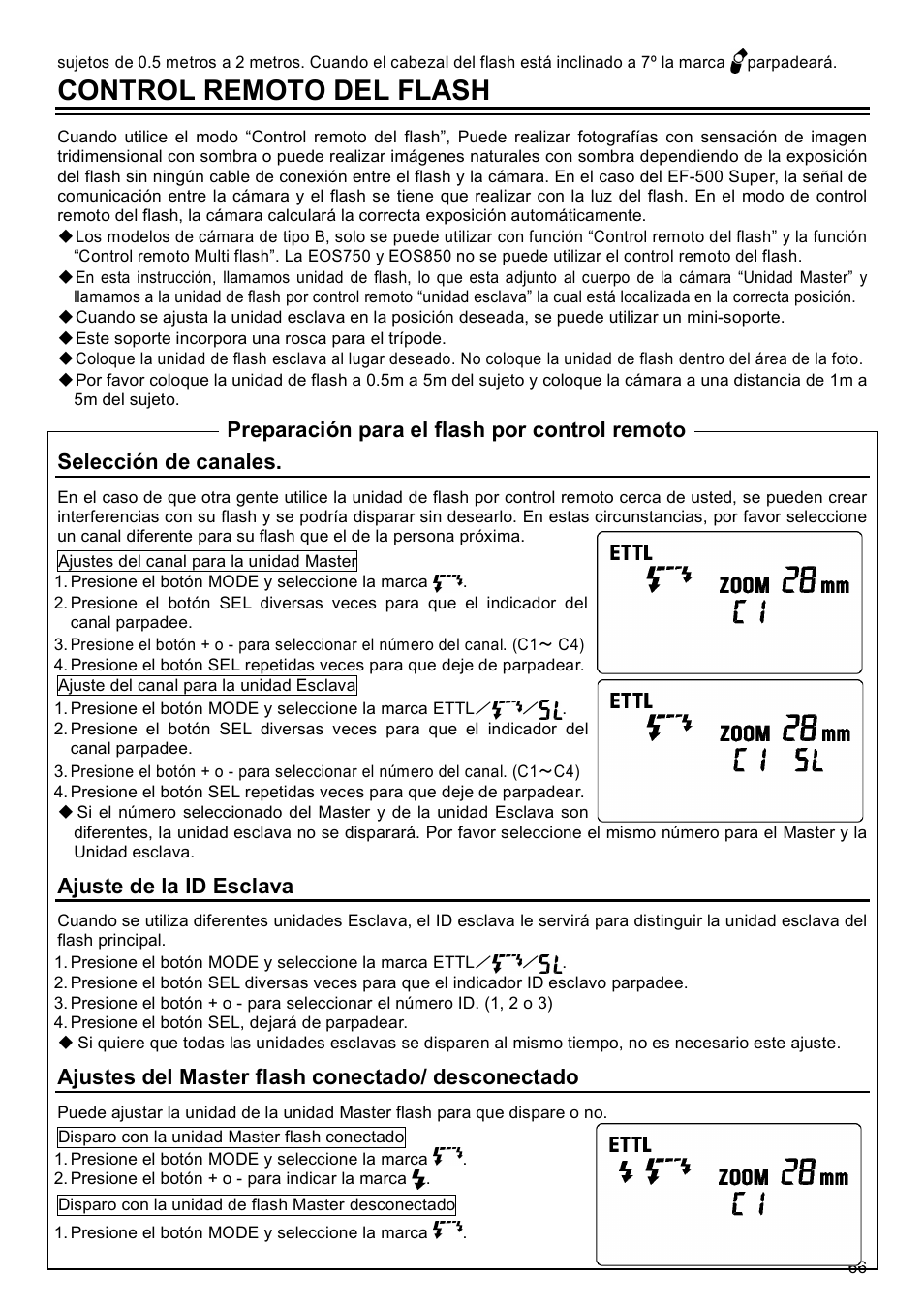 Control remoto del flash, Selección de canales, Ajuste de la id esclava | Ajustes del master flash conectado/ desconectado, Preparación para el flash por control remoto | SIGMA EF-500 User Manual | Page 66 / 114