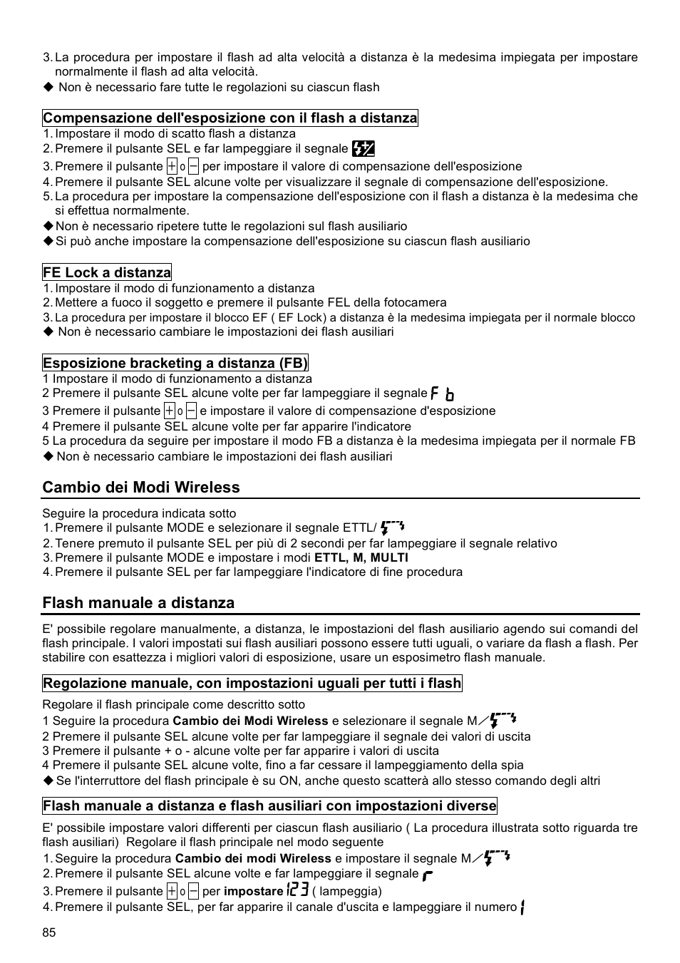 Cambio dei modi wireless, Flash manuale a distanza | SIGMA EF-500 User Manual | Page 85 / 114