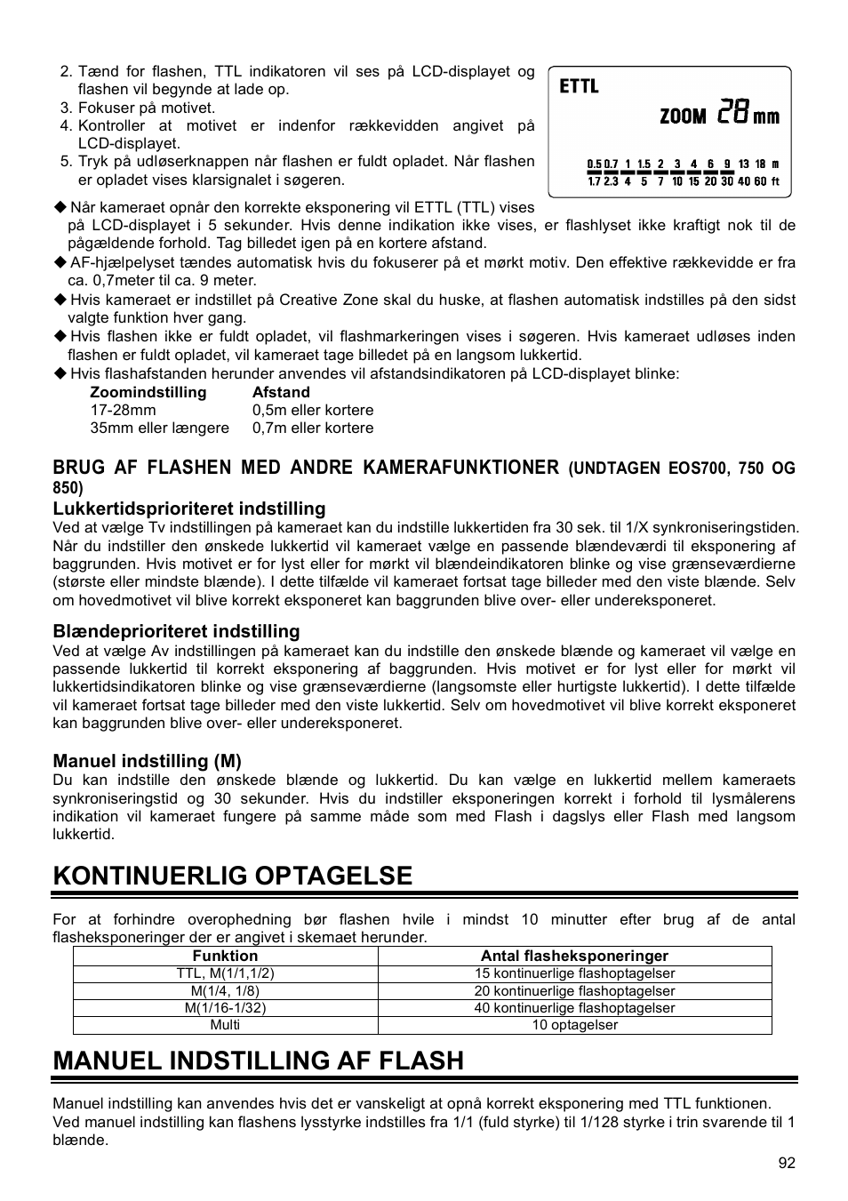 Kontinuerlig optagelse, Manuel indstilling af flash, Brug af flashen med andre kamerafunktioner | SIGMA EF-500 User Manual | Page 92 / 114