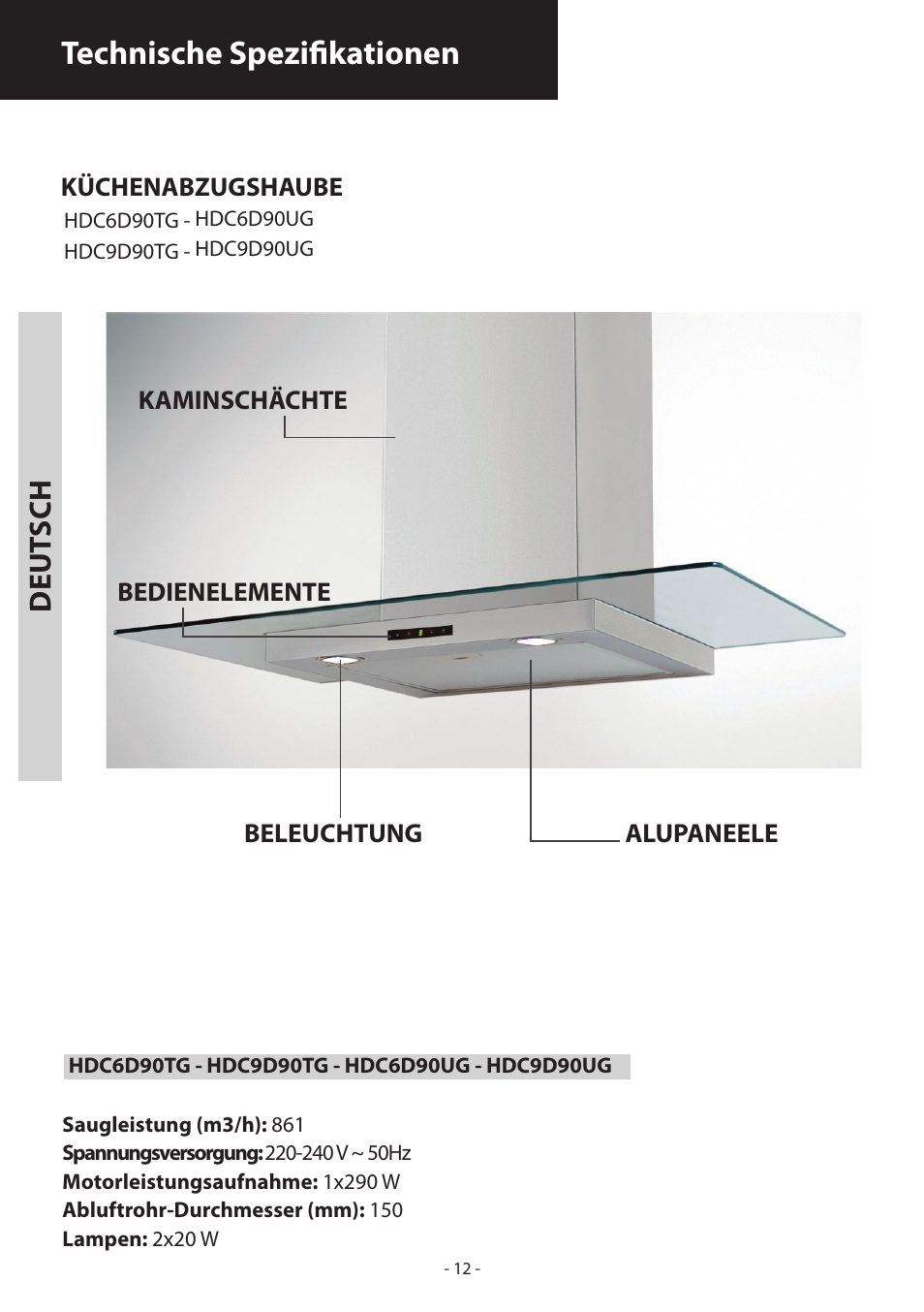 Technische spezifikationen, Deut sch | Samsung HDC6D90TG User Manual | Page 12 / 84
