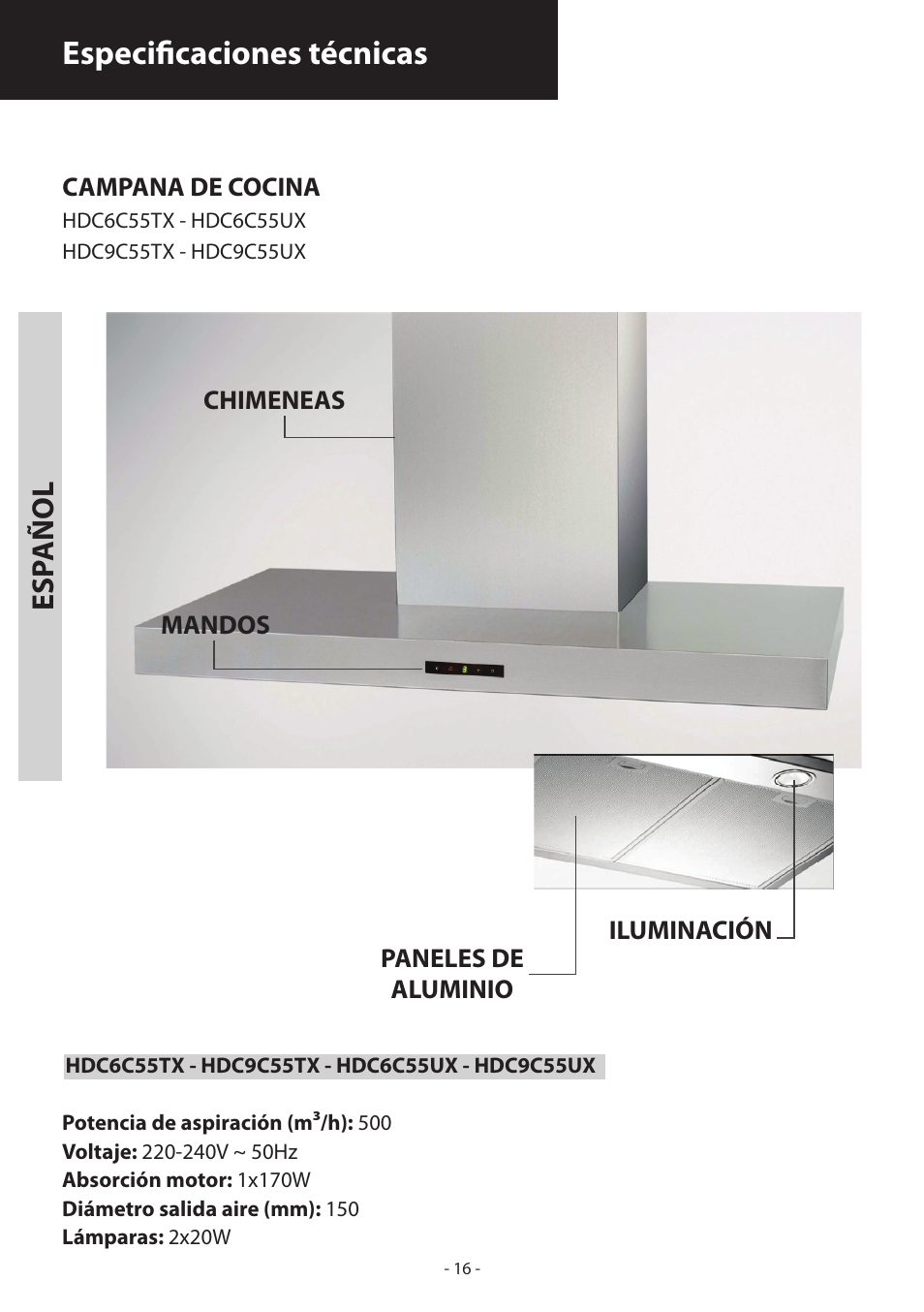 Especificaciones técnicas, Esp añol | Samsung HDC6D90TG User Manual | Page 16 / 84