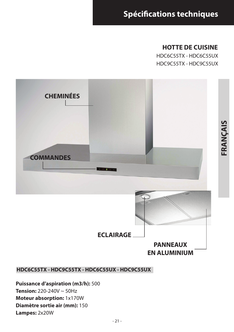 Spécifications techniques, Fr anç ais | Samsung HDC6D90TG User Manual | Page 21 / 84