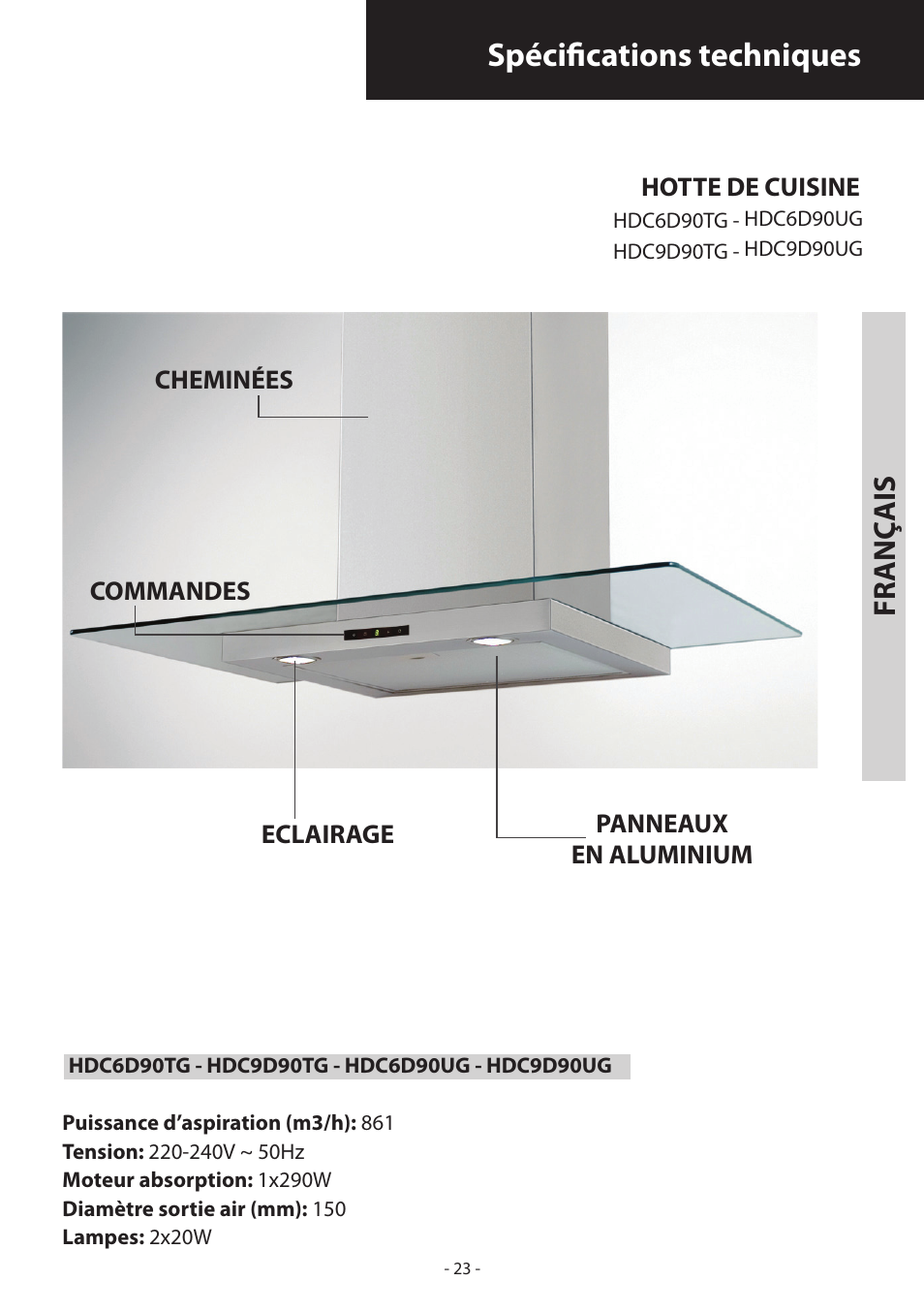 Spécifications techniques, Fr anç ais | Samsung HDC6D90TG User Manual | Page 23 / 84
