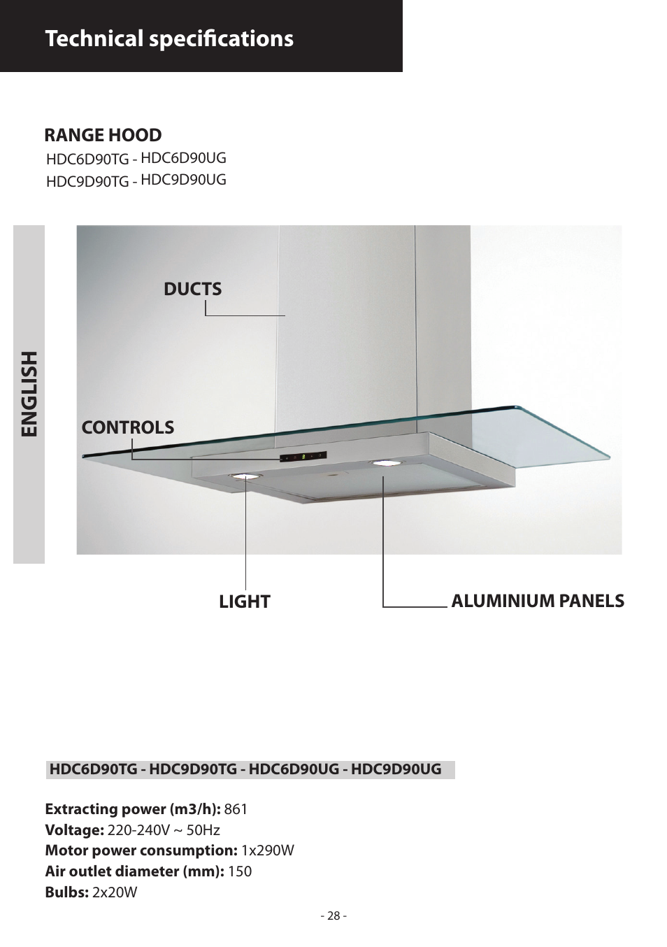 Technical specifications, English | Samsung HDC6D90TG User Manual | Page 28 / 84