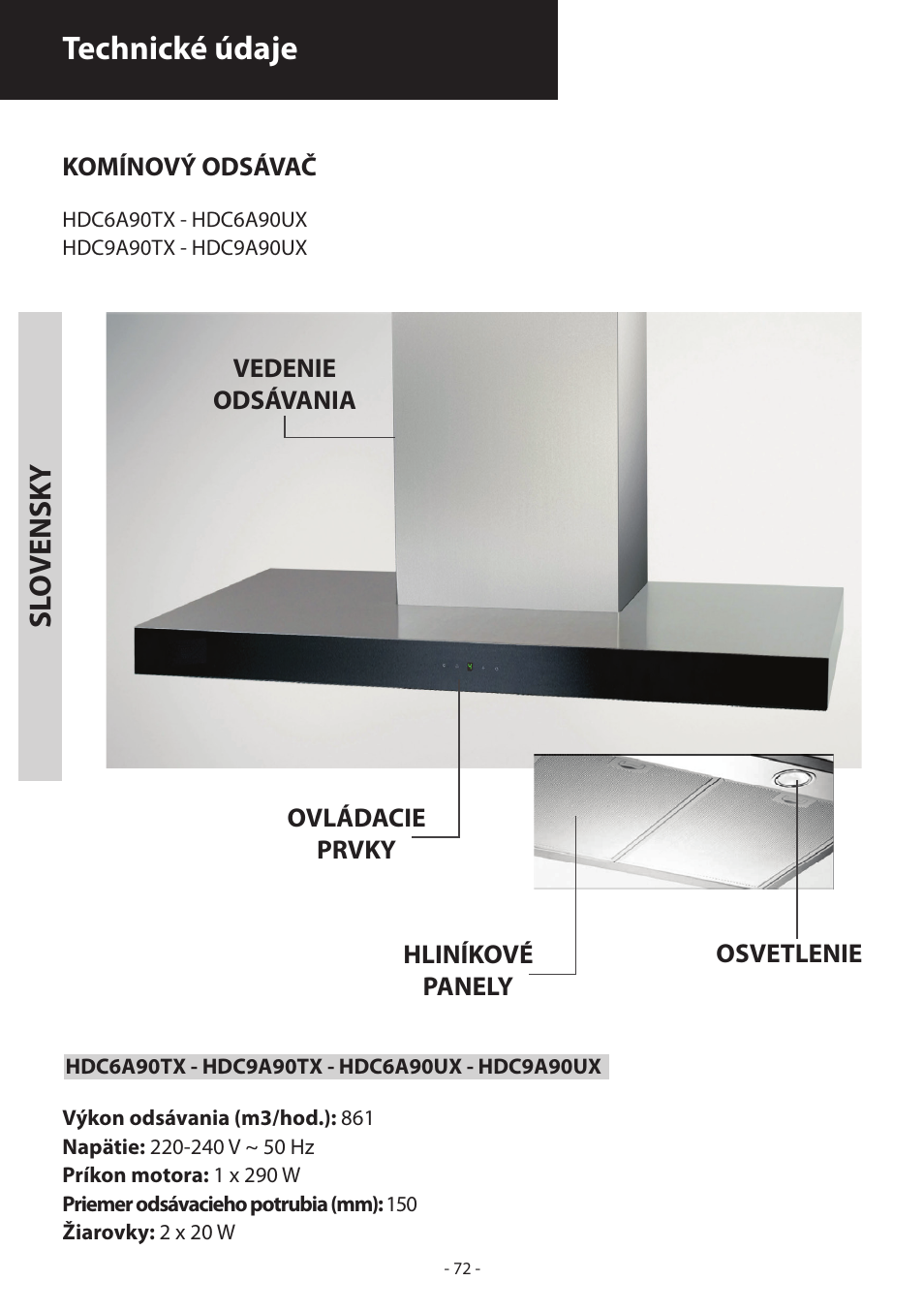 Technické údaje, Sl o vensk y | Samsung HDC6D90TG User Manual | Page 72 / 84