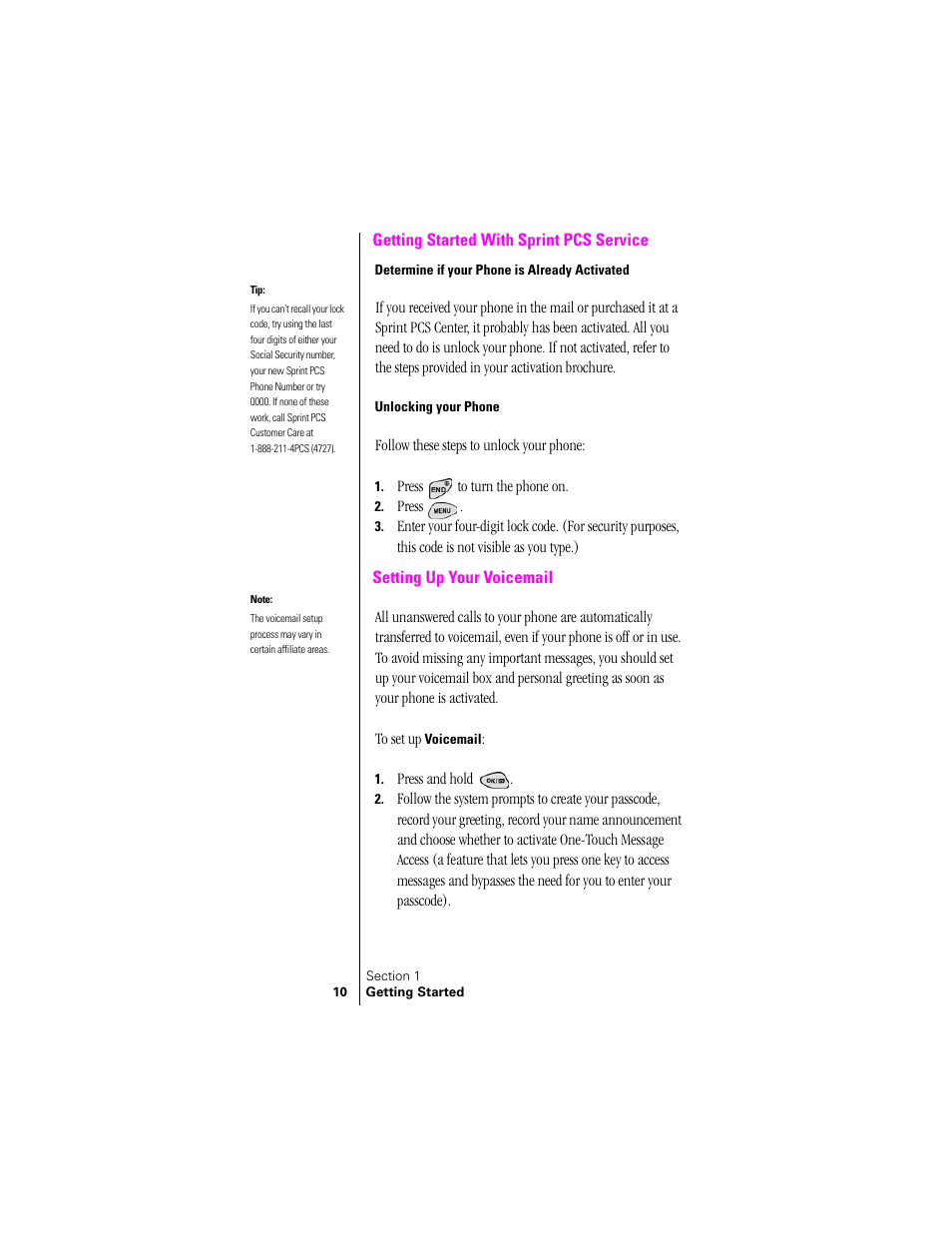 Getting started with sprint pcs service, Determine if your phone is already activated, Unlocking your phone | Setting up your voicemail | Samsung SPH-N300 User Manual | Page 10 / 167