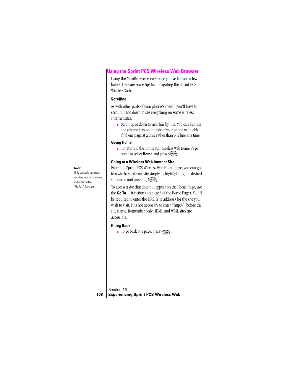 Using the sprint pcs wireless web browser, Scrolling, Going to a wireless web internet site | Going back | Samsung SPH-N300 User Manual | Page 108 / 167