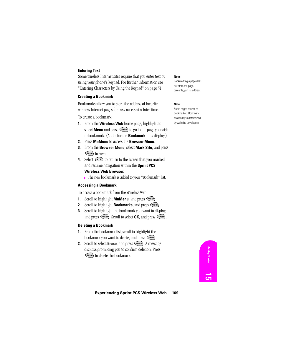 Entering text, Creating a bookmark, Accessing a bookmark | Deleting a bookmark | Samsung SPH-N300 User Manual | Page 109 / 167