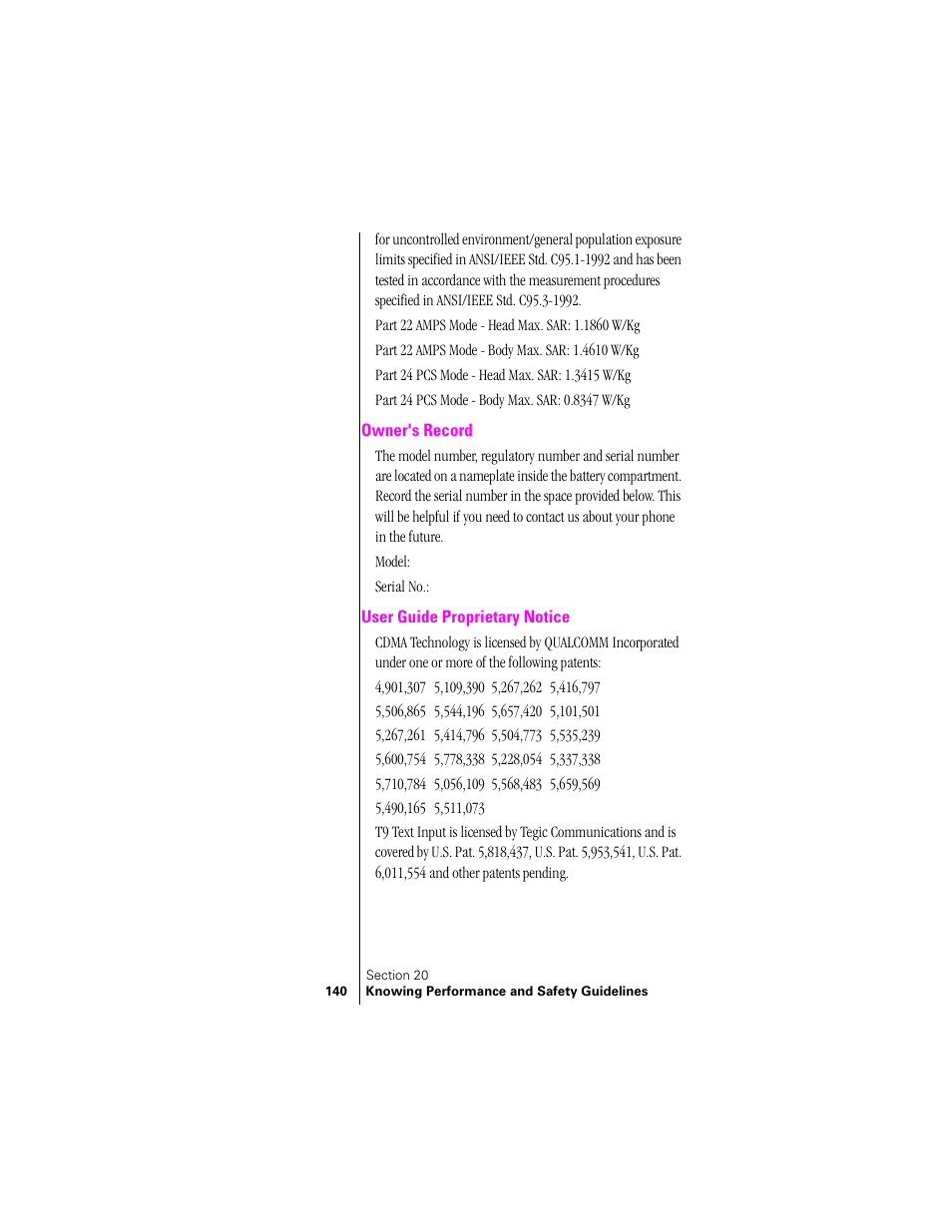 Owner's record, User guide proprietary notice, Owner's record user guide proprietary notice | Samsung SPH-N300 User Manual | Page 140 / 167
