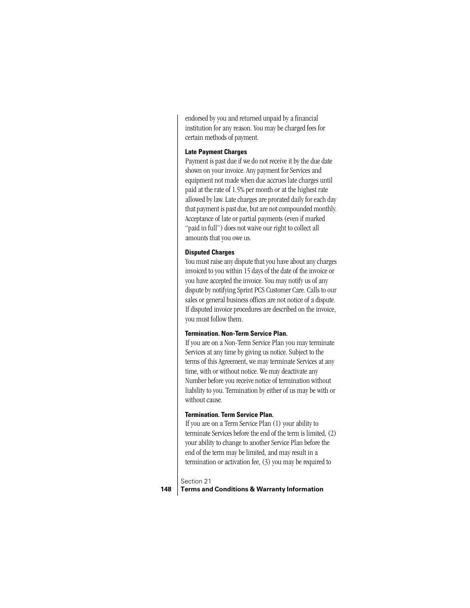 Late payment charges, Disputed charges, Termination. non-term service plan | Termination. term service plan | Samsung SPH-N300 User Manual | Page 148 / 167