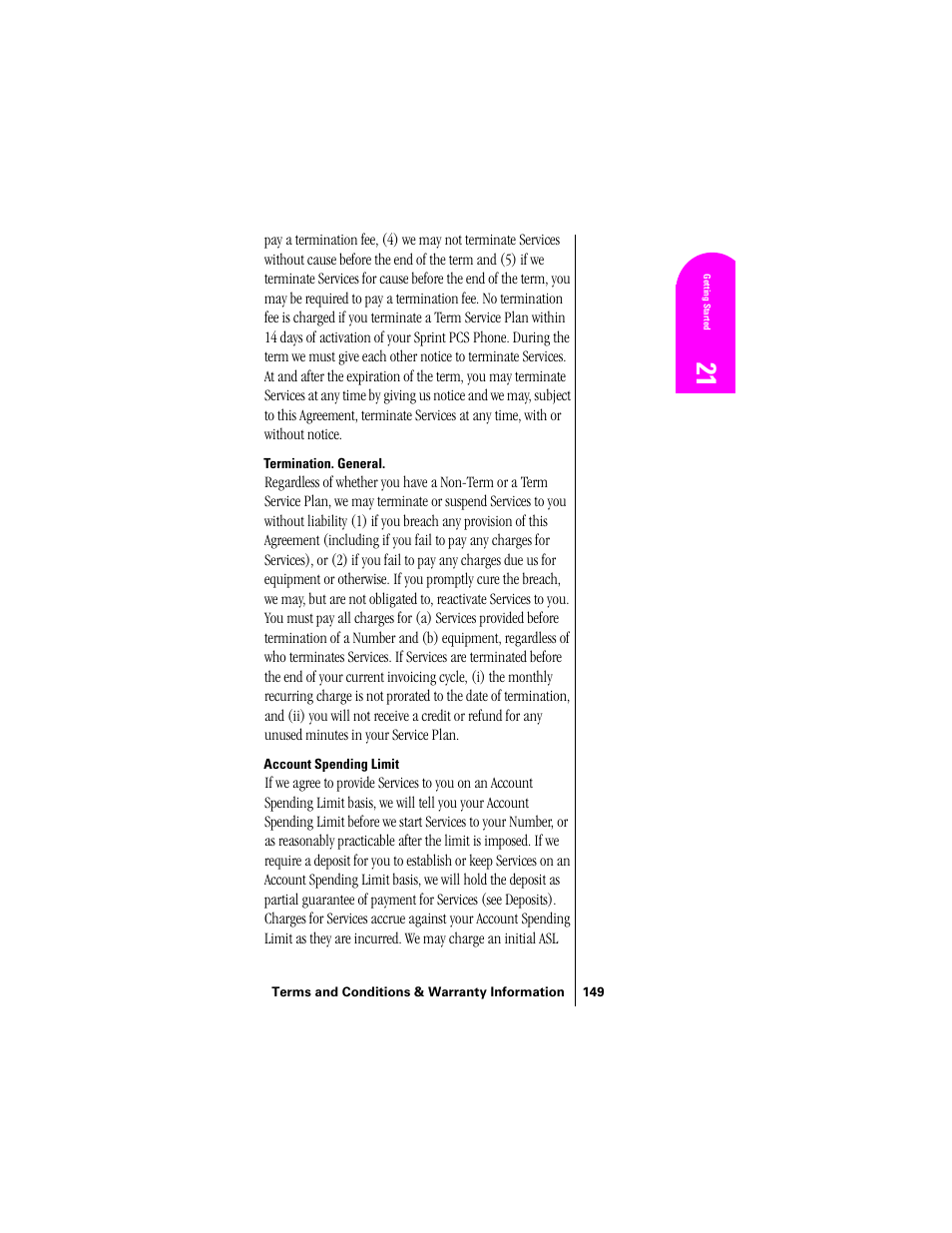 Termination. general, Account spending limit | Samsung SPH-N300 User Manual | Page 149 / 167