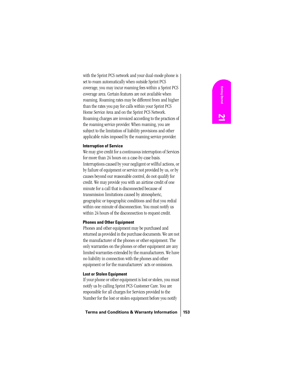 Interruption of service, Phones and other equipment, Lost or stolen equipment | Samsung SPH-N300 User Manual | Page 153 / 167