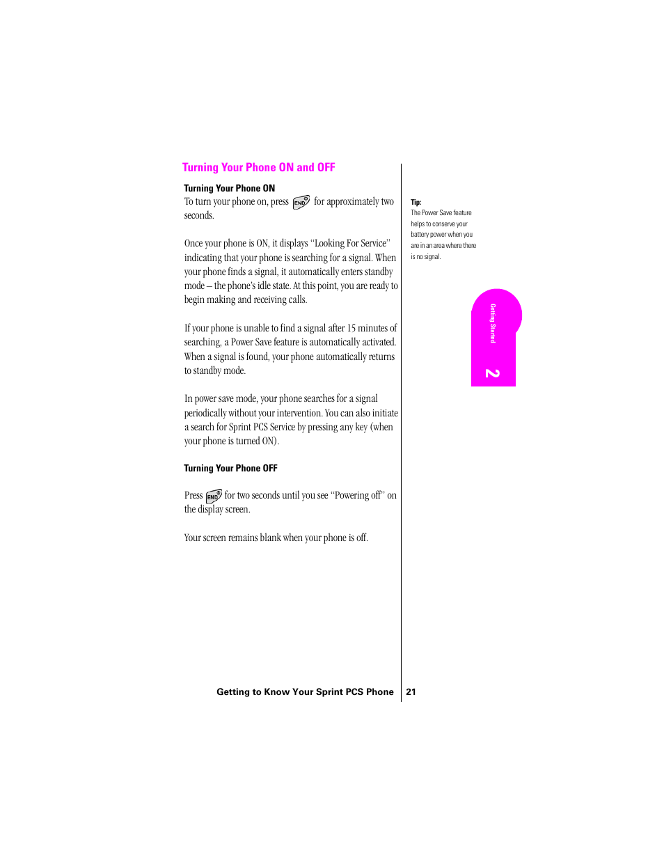 Turning your phone on and off, Turning your phone on, Turning your phone off | Samsung SPH-N300 User Manual | Page 21 / 167