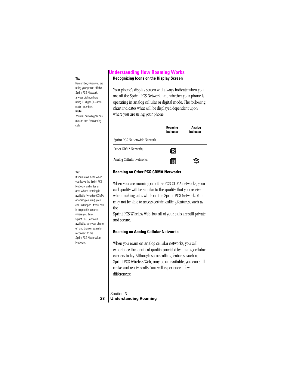 Understanding how roaming works, Recognizing icons on the display screen, Roaming on other pcs cdma networks | Roaming on analog cellular networks | Samsung SPH-N300 User Manual | Page 28 / 167