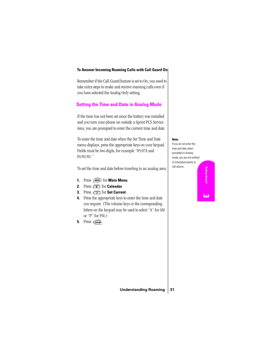 Setting the time and date in analog mode | Samsung SPH-N300 User Manual | Page 31 / 167