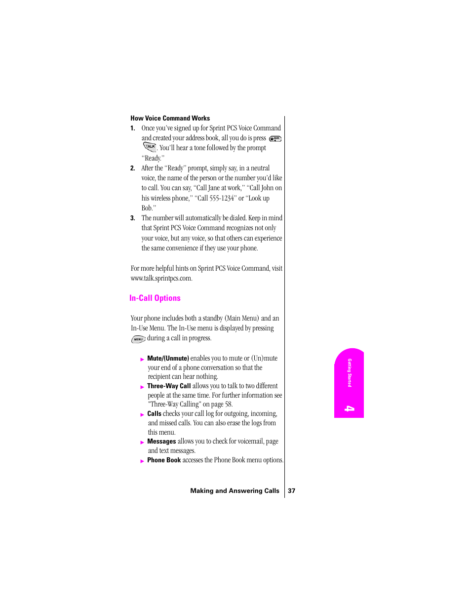 How voice command works, In-call options | Samsung SPH-N300 User Manual | Page 37 / 167