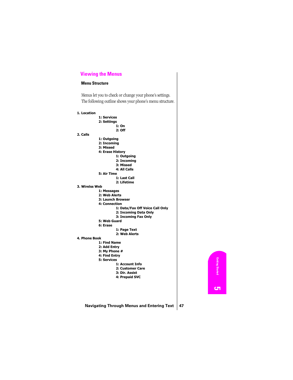 Viewing the menus, Menu structure | Samsung SPH-N300 User Manual | Page 47 / 167