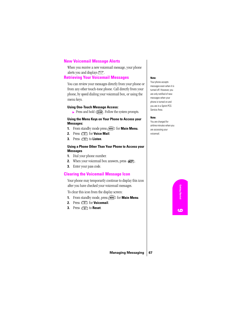 New voicemail message alerts, Retrieving your voicemail messages, Using one-touch message access | Clearing the voicemail message icon | Samsung SPH-N300 User Manual | Page 67 / 167