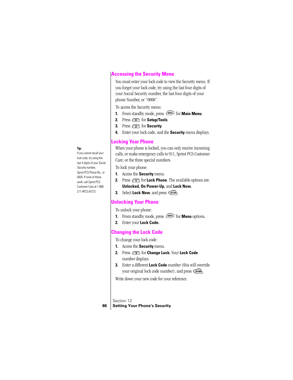 Accessing the security menu, Locking your phone, Unlocking your phone | Changing the lock code | Samsung SPH-N300 User Manual | Page 86 / 167