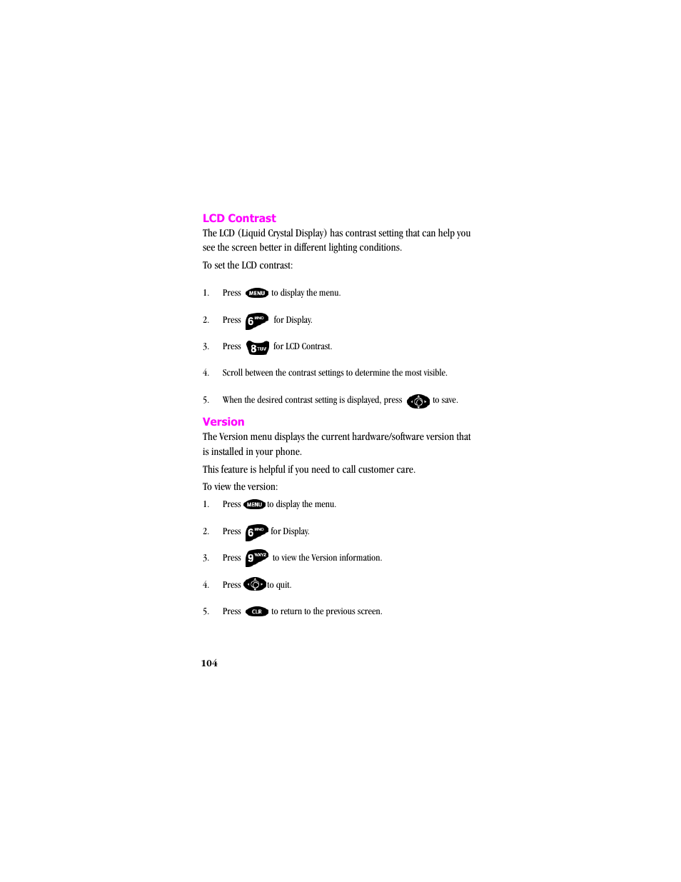 Lcd contrast, Press to display the menu, Version | Samsung SCH-T300 User Manual | Page 106 / 180