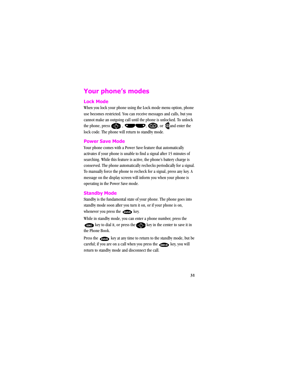 Yourphone’smodes, Lockmode, Power save mode | Standby mode, Your phone’s modes, Lock mode | Samsung SCH-T300 User Manual | Page 33 / 180