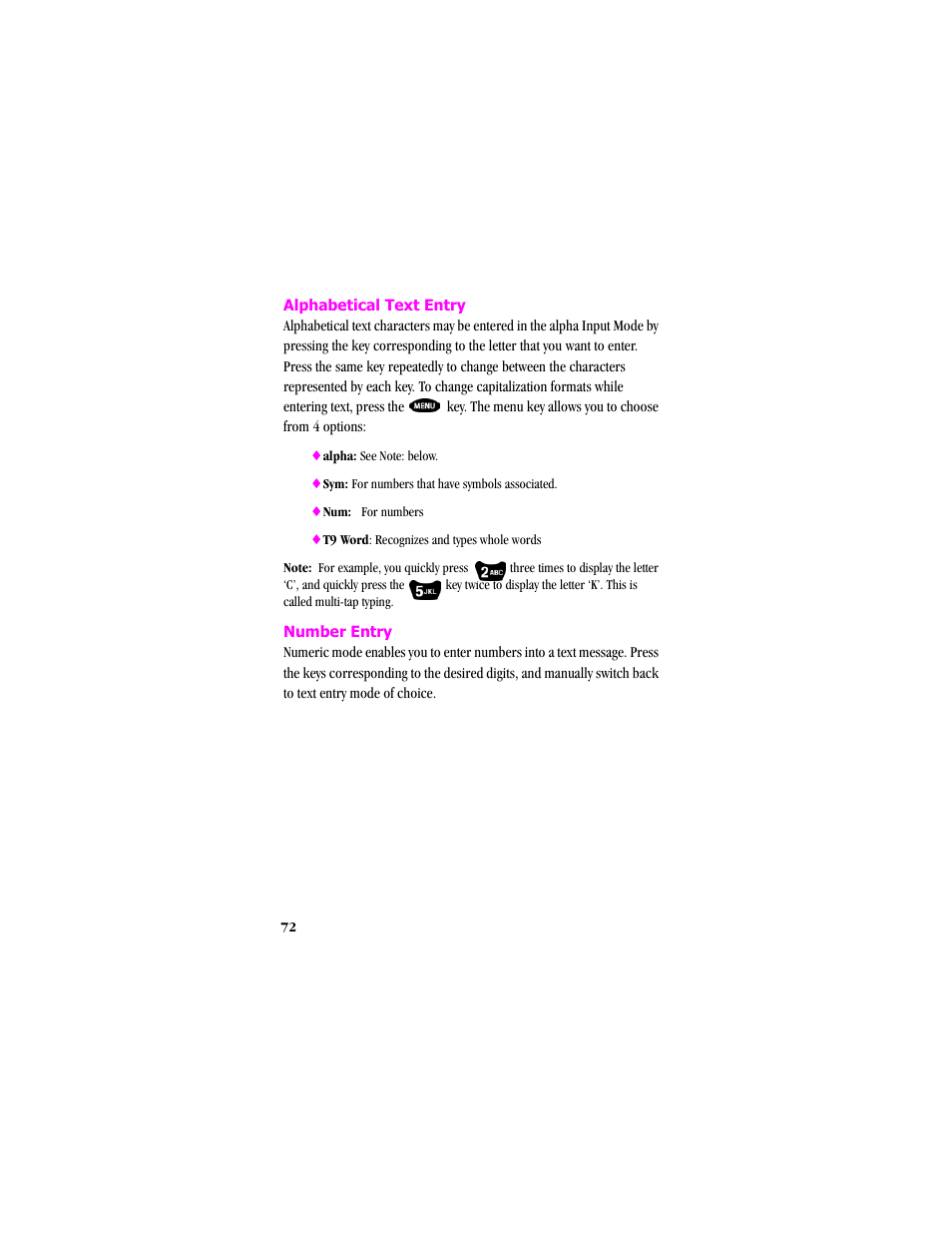 Alphabetical text entry, Number entry | Samsung SCH-T300 User Manual | Page 74 / 180