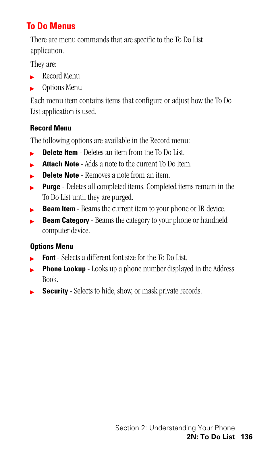 To do menus, Record menu, Options menu | Deletes an item from the to do list, Beams the current item to your phone or ir device, Selects a different font size for the to do list, Selects to hide, show, or mask private records | Samsung SPH-I330 User Manual | Page 140 / 206