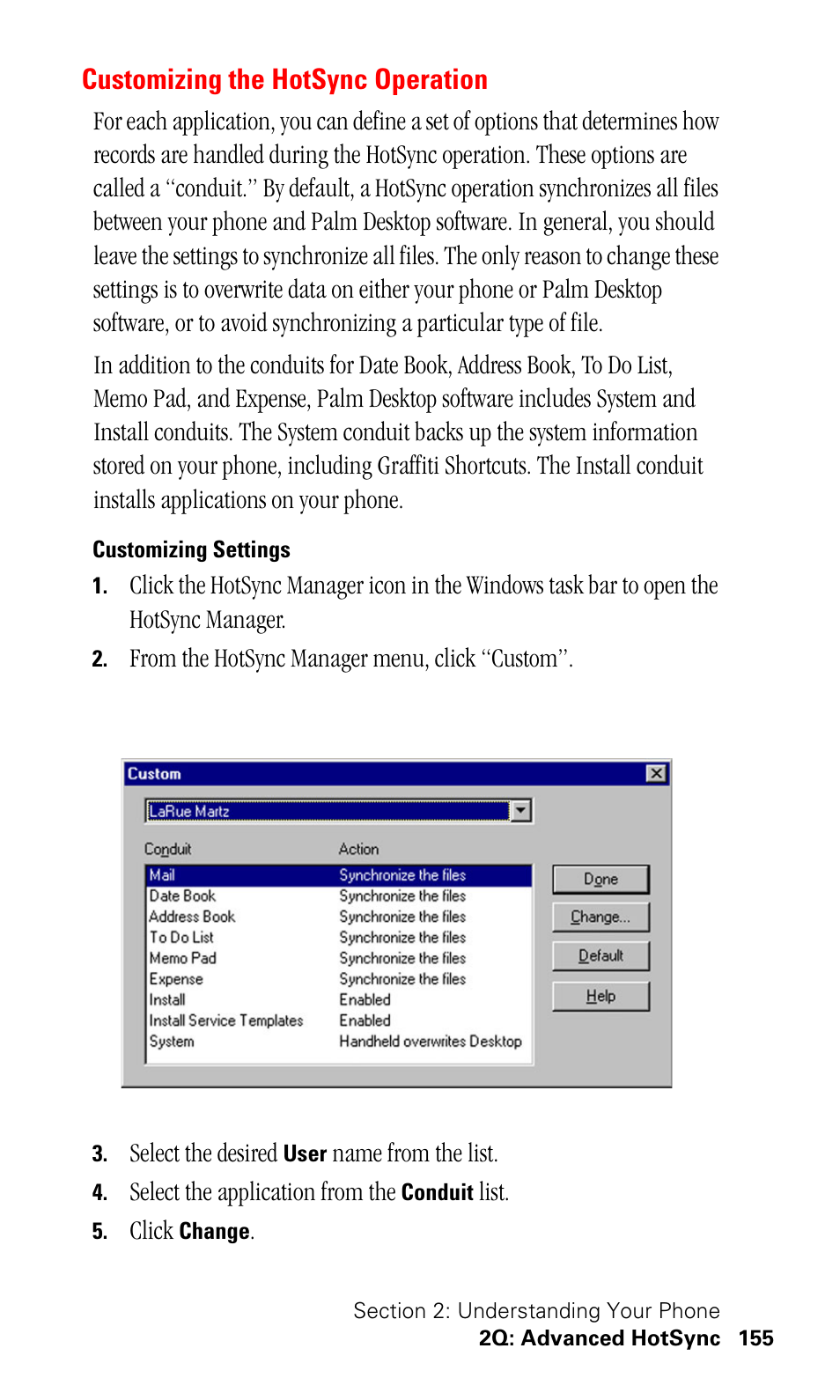 Customizing the hotsync operation, Customizing settings | Samsung SPH-I330 User Manual | Page 159 / 206