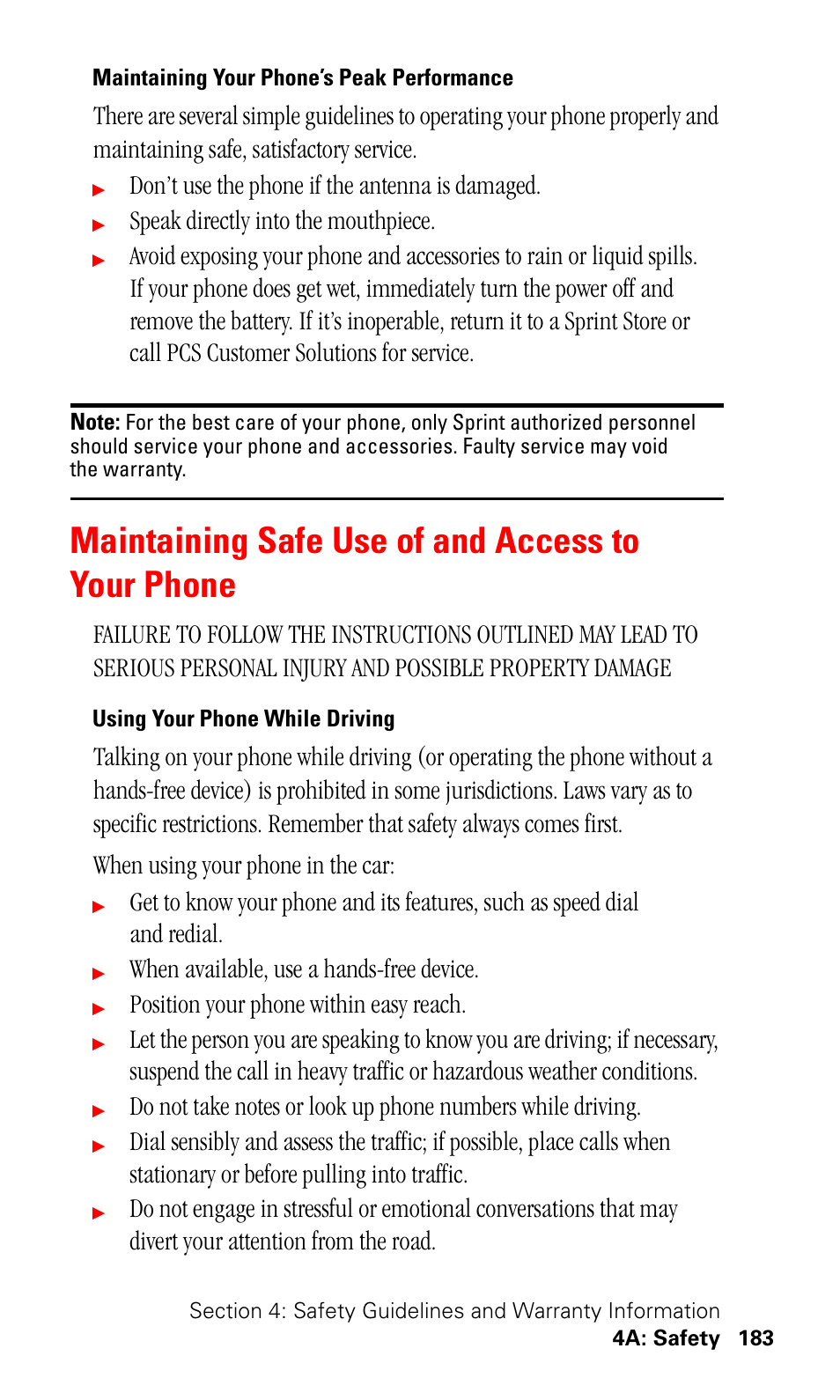 Maintaining your phone’s peak performance, Maintaining safe use of and access to your phone, Using your phone while driving | Don’t use the phone if the antenna is damaged, Speak directly into the mouthpiece, When available, use a hands-free device, Position your phone within easy reach | Samsung SPH-I330 User Manual | Page 187 / 206