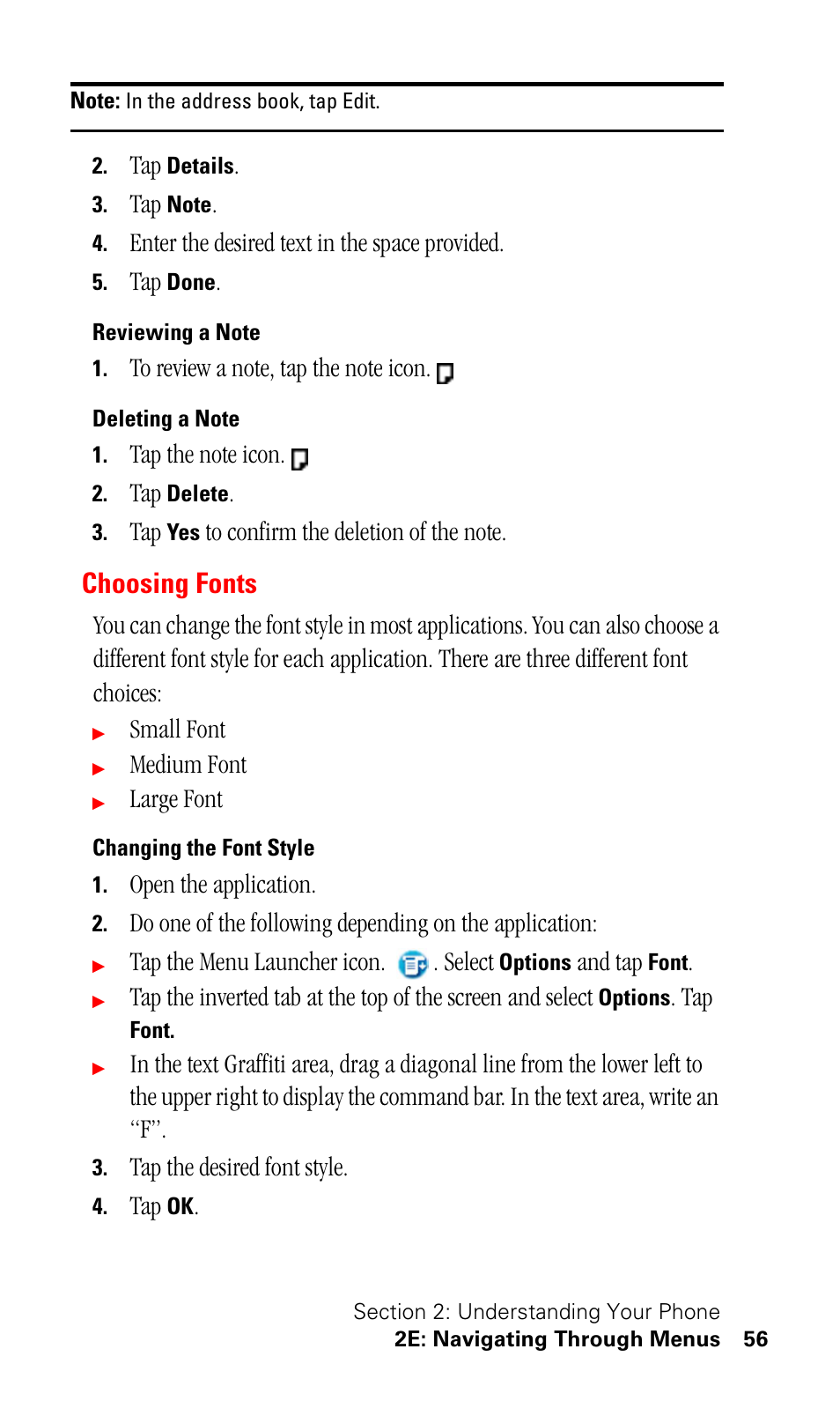 Reviewing a note, Deleting a note, Choosing fonts | Changing the font style | Samsung SPH-I330 User Manual | Page 60 / 206